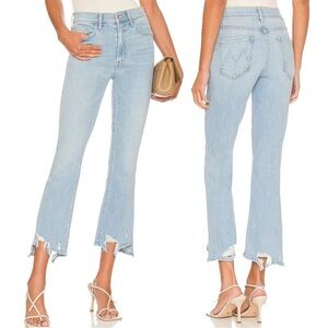 MOTHER Sky Blue Cropped Jeans with Distressed Hem
